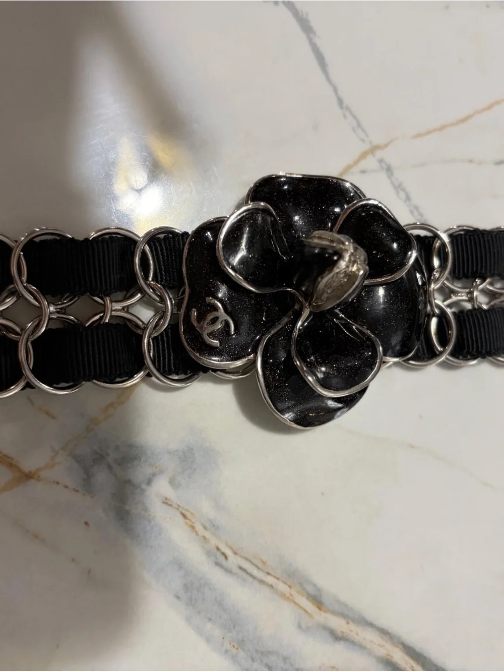 CHANEL Black Camellia Chain-Trim Ribbon Belt